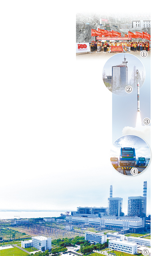 图①:国投雅砻江水电开展党史学习教育进工地活动。 图②:中国航天科技集团大楼。 图③:中国航天科工集团研制的快舟火箭。 图④:“神24”机车。 图⑤:国家能源集团泰州公司。 资料照片